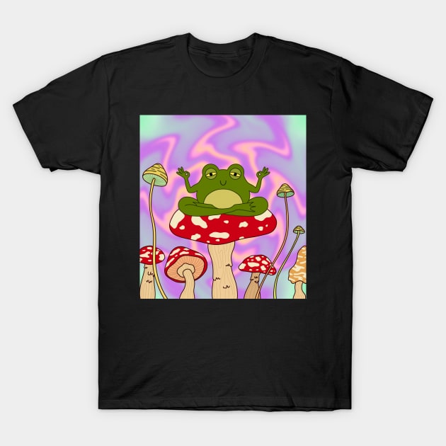 Frog in Psychedelic Mushrooms Trippy T-Shirt by Trippycollage